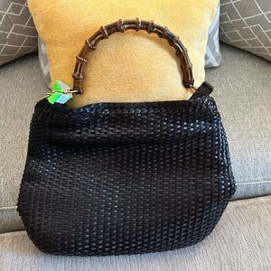 Authentic Gucci Black Woven Leather Purse wood handles and strap